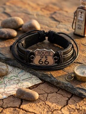 Hand Crafted Black Leather Route 66 Shield Bracelet